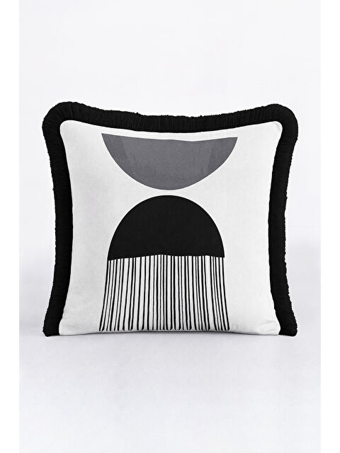 Milbay Grup Geometrik Modern Saçaklı Yastık Kılıfı - Minimalist Lüks İskandinav Siyah Püsküllü Kırlent Kılıfı