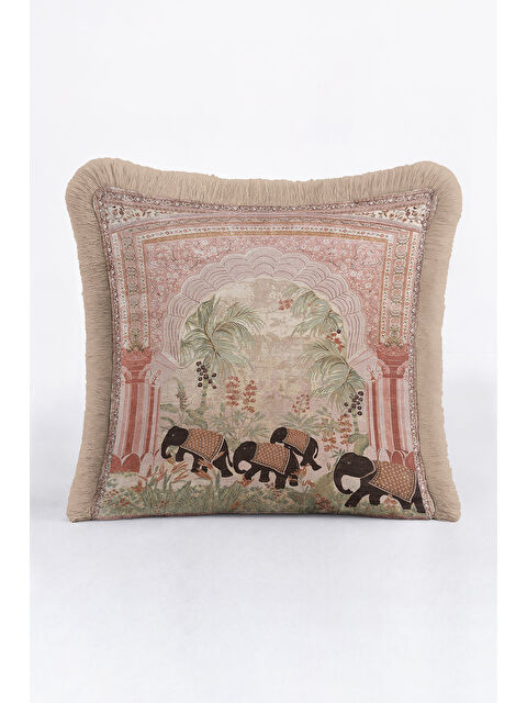 Milbay Grup Hint Saray Stili Saçaklı Yastık Kılıfı - Egzotik Bohem Doğal Bej Püsküllü Kırlent Kılıfı