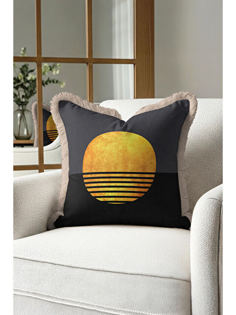 Milbay Grup Lüks Geometrik Saçaklı Yastık Kılıfı - Minimalist Modern Antrasit Altın Renk Püsküllü Kırlent Kılıfı