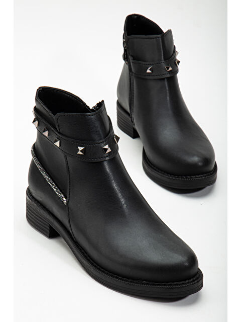 TONNY BLACK Kadın Siyah Cilt Termo Taban Taş Halatlı Fermuarlı Kısa Topuklu Bot - S000291667-19351