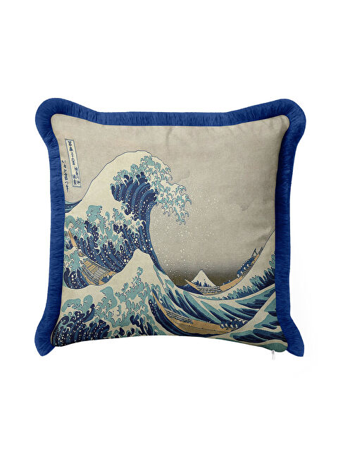 Milbay Grup Japon Sanatı İlhamlı Saçaklı Yastık Kılıfı - Büyük Dalgalı Modern Mavi Püsküllü Kırlent Kılıfı