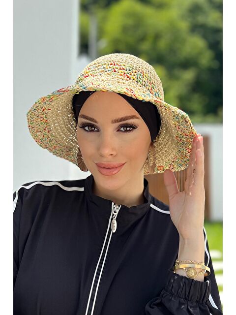 Remsa Mayo Renk Detaylı El Örgü Hasır Şapka RŞ-86 Bej - S000216570-19928