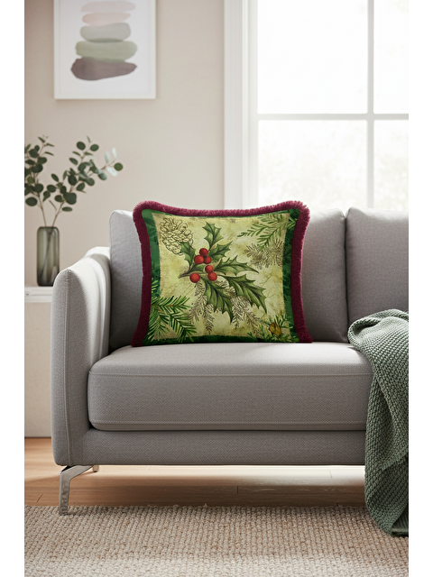 Milbay Grup Lüks Yeni Yıl Çam Kozalağı Saçaklı Yastık Kılıfı - Kış Rustik Krem Kırmızı Püsküllü Kırlent Kılıfı