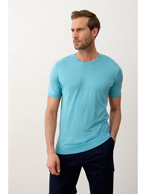 Danger Erkek Çizgili Bisiklet Yaka Slim-Fit İnce Triko TişörtAqua - S000167885-3695