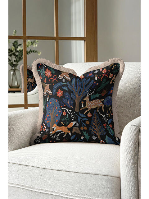 Milbay Grup Orman Temalı Saçaklı Yastık Kılıfı - Kış Bahçesi Rustik Lacivert Kahverengi Püsküllü Kırlent Kılıfı