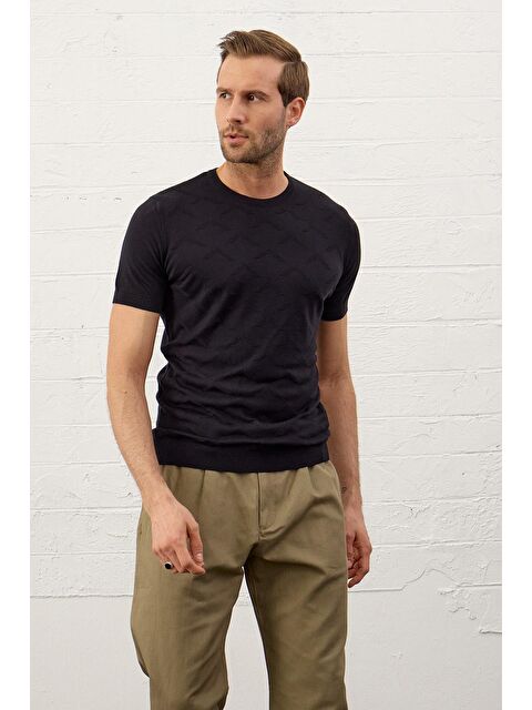 Danger Erkek Bisiklet Yaka Slim-Fit Yazlık Triko Tişört Koyu Lacivert - S000165267-29672