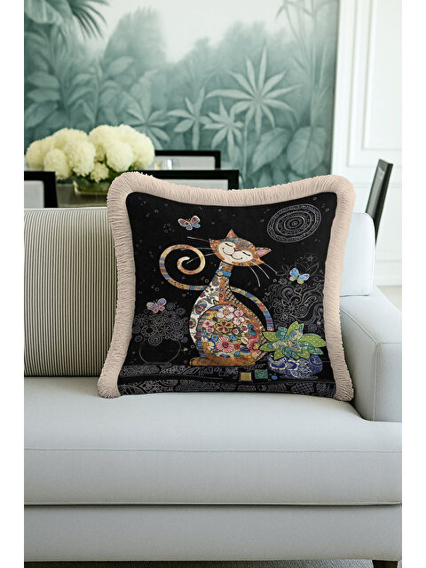 Milbay Grup Çiçekli Patchwork Kedi Saçaklı Yastık Kılıfı - Neşeli Bohem Siyah Renk Püsküllü Kırlent Kılıfı