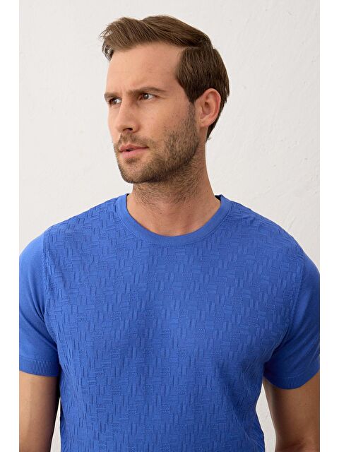 Danger Modelli Bisiklet Yaka Slim-Fit Yazlık Triko Tişört Saks - S000177701-23710