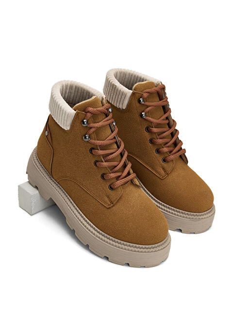 TONNY BLACK Kadın Taba Süet Kalın Poli Taban Bileği Lastikli Bağcıklı Bot