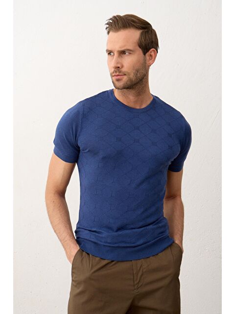 Danger Erkek Kare Desenli Slim-Fit Yazlık Triko Tişört İndigo - S000167896-23093