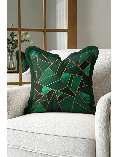 Milbay Grup Modern Geometrik Saçaklı Yastık Kılıfı - Lüks Art Deco Zümrüt Yeşili Gold Püsküllü Kırlent Kılıfı