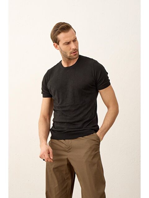 Danger Erkek Kare Desenli Slim-Fit Yazlık Triko Tişört Siyah - S000167896-19351