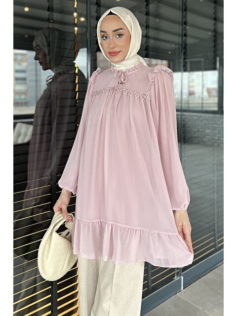 Julude Ön Bağlamalı Fırfırlı Güpür Detaylı Tesettür Şifon Tunik - S000361296-7152