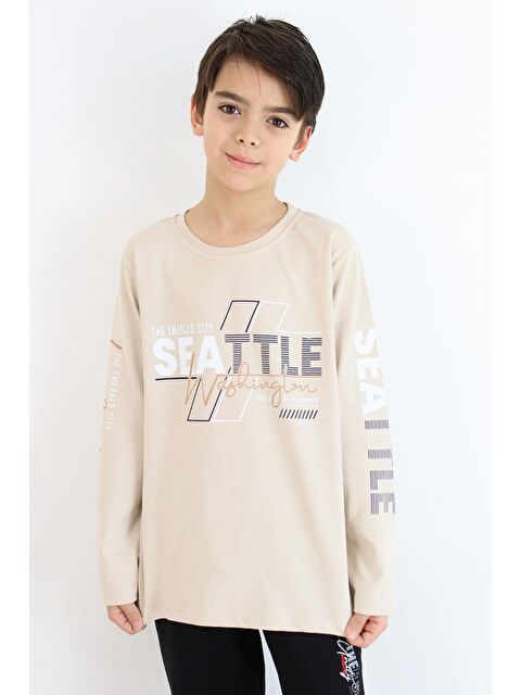 Breeze Erkek Çocuk Uzun Kollu Tişört Renkli Yazı Baskılı Bej (6-12 Yaş) - S000332613-19928