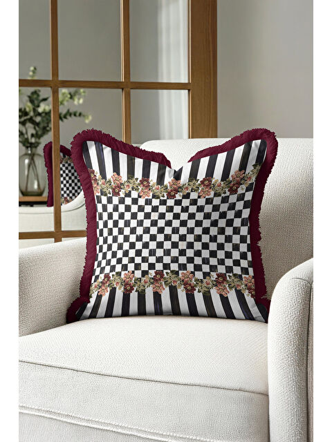 Milbay Grup Lüks Patchwork Çiçekli Saçaklı Yastık Kılıfı - Çizgili Ekose Viktoryen Bordo Püsküllü Kırlent Kılıfı