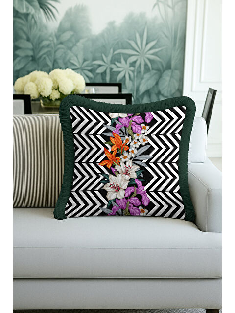 Milbay Grup Lüks Geometrik Çizgili Saçaklı Yastık Kılıfı - Çiçekli Modern Siyah Yeşil Püsküllü Kırlent Kılıfı