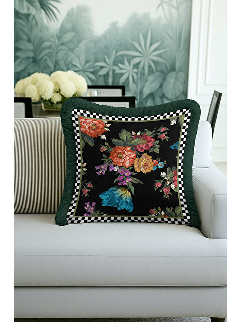 Milbay Grup Barok Çiçekli Saçaklı Yastık Kılıfı - Lüks Vintage Bohem Siyah Yeşil Püsküllü Kırlent Kılıfı