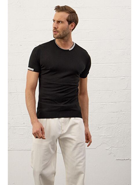 Danger Erkek Garnili Slim-Fit Yazlık Triko Tişört Siyah - S000165268-19351