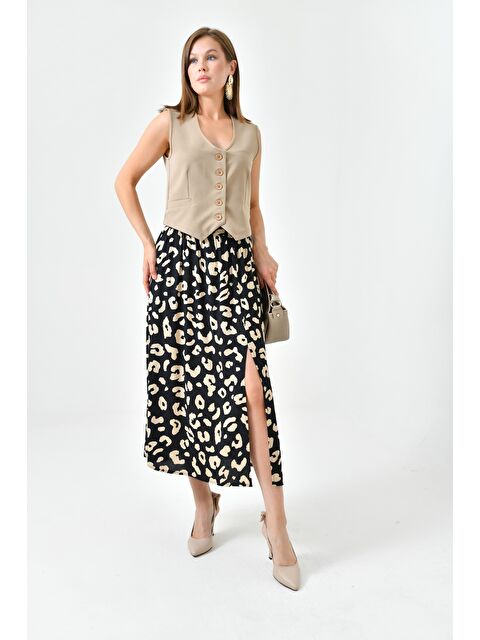 Saade Siyah Kadın A Kesim Beli Lastikli Desenli Yırtmaçlı Midi Dokuma Etek - Viskon - S000497496-19351