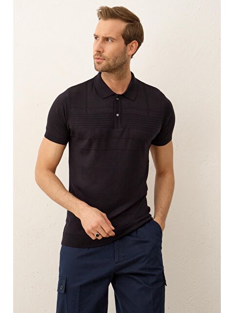 Danger Erkek Çizgi Desenli Slim-Fit Yazlık Triko Tişört Koyu Lacivert - S000167893-29672