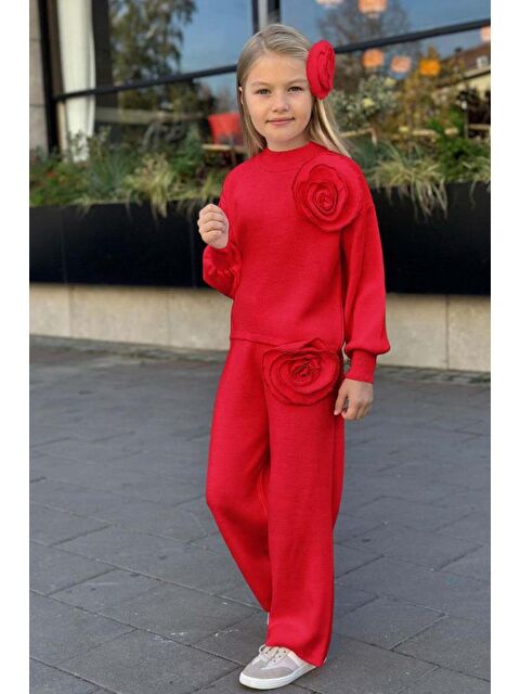 Riccotarz Kız Çocuk Balıkçı Yaka Omuzunda Gül Broşlu Kazak Bol Kesim Kırmızı Triko Alt Üst Takım - S000466156-20045