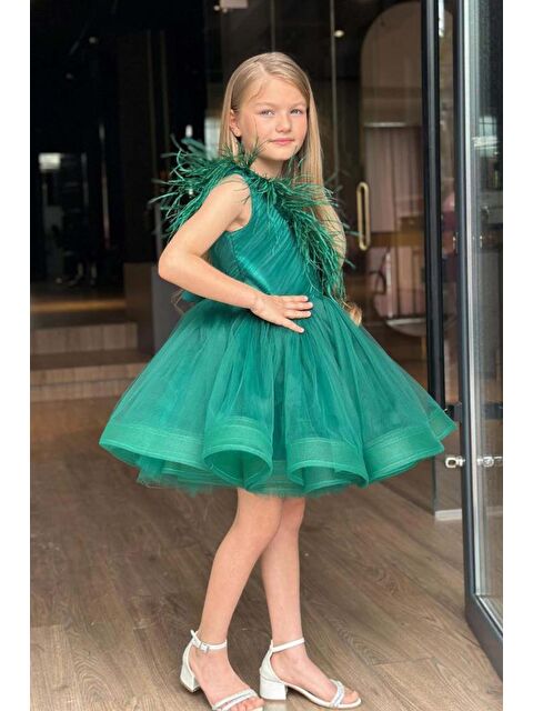 Riccotarz Kız Çocuk Omuzdan Göğse Tüylü Tek Omuz Eteği Kabarık Tüllü Yeşil Abiye - S000373254-18194