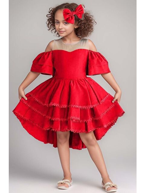 Riccotarz 9773 1 Kız Çocuk Düşük Omuzlu Transparan Yaka Eteği KatKat Dantel İşlemeli Kuyruk Detaylı Kırmızı El - S000266517-20045