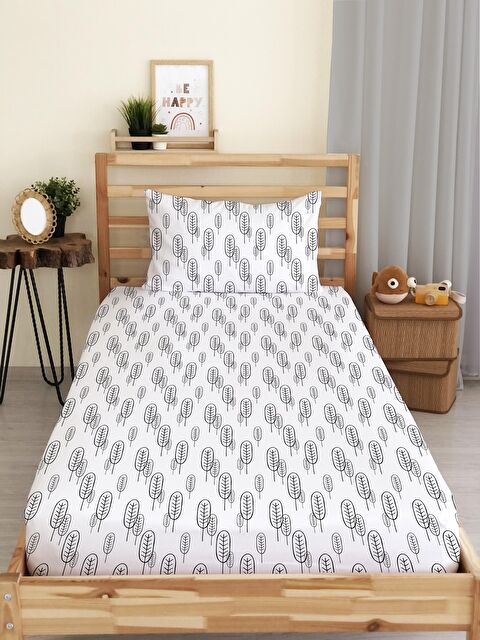 Evmila Yaprak Desen Baskılı Lastikli Çarşaf Seti Beyaz 100x200 cm - S000032383-23173