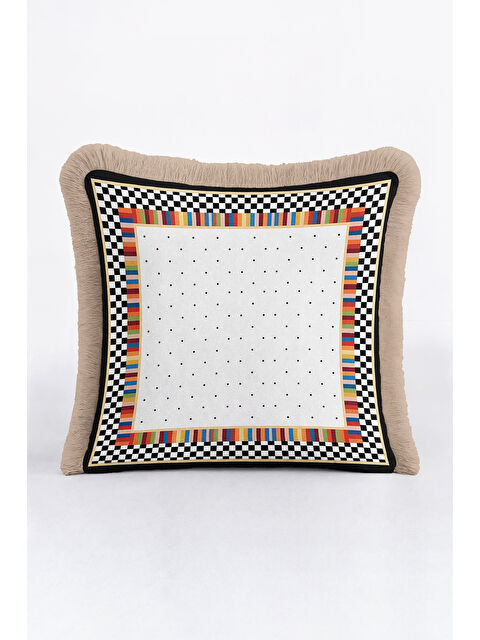 Milbay Grup Lüks Geometrik Saçaklı Yastık Kılıfı - Renkli Kareli Modern Siyah Altın Renk Püsküllü Kırlent Kılıfı