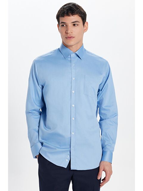 TUDORS Erkek Regular Fit Klasik Kesim %100 Pamuk Saten Tek Cepli Mavi Gömlek - S000351407-17234
