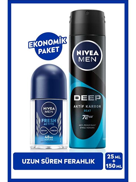 NIVEA MEN Erkek Sprey Deodorant Deep Beat 150ml ve Mini Roll-on Fresh Active 25ml Set, Ter Karşıtı Koruma - S000177835-26865