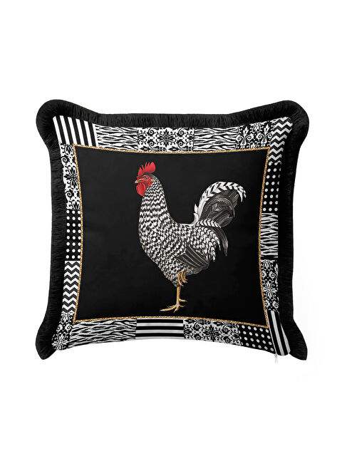 Milbay Grup Zarif Patchwork Saçaklı Yastık Kılıfı - Çiftlik Temalı Modern Siyah Gold Püsküllü Kırlent Kılıfı