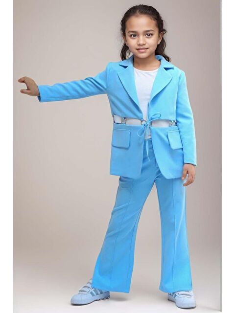 Riccotarz Kız Çocuk Halka Detaylı Blazer Ceket ve Yırtmaç Detaylı İspanyol Paçalı Pantolon Mavi Alt Üst Takım - S000127684-17234