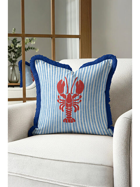 Milbay Grup Deniz Kabuklu Mavi Çizgili Saçaklı Yastık Kılıfı - Marin Tema Koyu Lacivert Püsküllü Kırlent Kılıfı