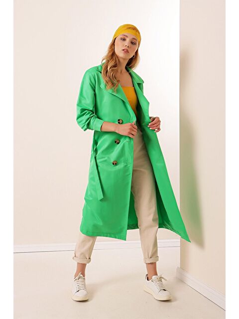 Hazelin Kadın Yeşil Kruvaze Yaka Kemerli Astarsız Mevsimlik Rahat Trençkot HZL22S-BD158531 - S000045017-18194