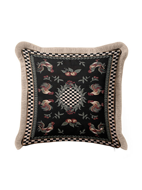 Milbay Grup Lüks Tavuskuşu Motifli Saçaklı Yastık Kılıfı - Vintage Siyah Altın Renkli Püsküllü Kırlent Kılıfı