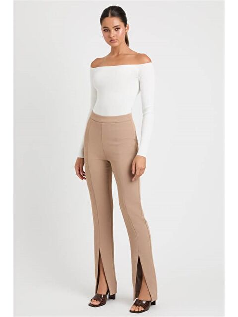 Madmext Bej Yüksek Bel Paçası Yırtmaçlı Kadın Pantolon Mg1651 - S000030956-19928