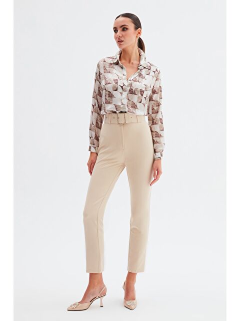 SATEEN Yüksek Bel Kemerli Pantolon - Bej - S000323736-19928