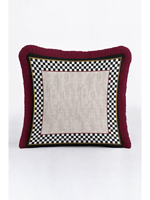 Milbay Grup Lüks Ekose Saçaklı Yastık Kılıfı - Modern Kare Siyah Altın Renkli Bordo Püsküllü Kırlent Kılıfı