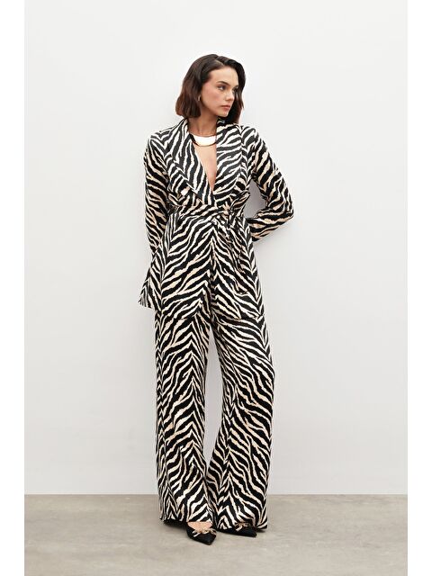 SATEEN Zebra Desenli Saten Pantolon - Siyah - S000323819-19351
