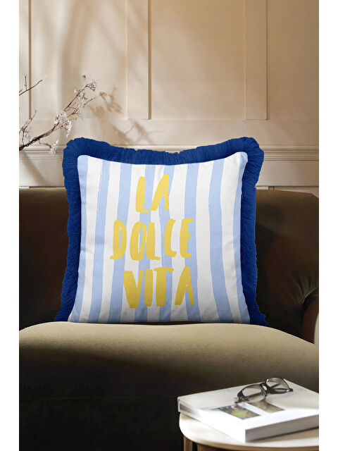 Milbay Grup Akdeniz Stil Çizgili Saçaklı Yastık Kılıfı - Pastel Mavi Coastal Sarı Yazılı Püsküllü Kırlent Kılıfı