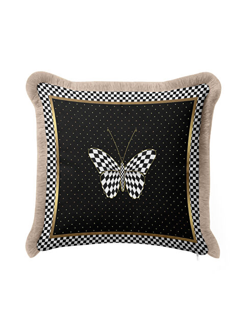 Milbay Grup Lüks Geometrik Kelebek Saçaklı Yastık Kılıfı - Monokrom Bohem Siyah Gold Püsküllü Kırlent Kılıfı