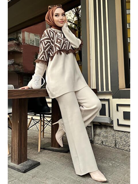 Tofisa Orta Kadın Bej Triko Tunik Pantolon - 21808 - S000150718-19928