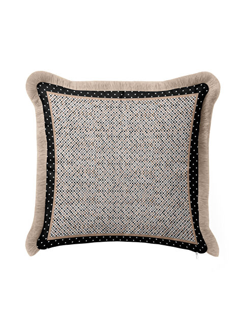 Milbay Grup Noktalı Lüks Saçaklı Yastık Kılıfı - Retro Dokunuş Siyah Krem Altın Renkli Püsküllü Kırlent Kılıfı