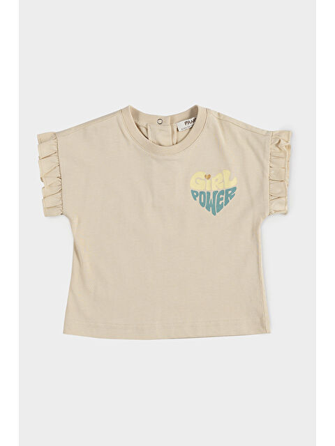 Panço Kız Bebek Kolları Fırfırlı Baskılı Crop Bej Tişört - S000269763-19928