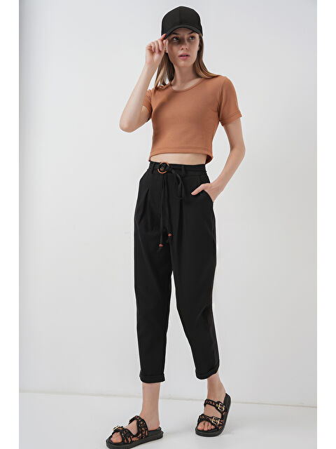 Bigdart 6660 Kemerli Keten Pantolon - Siyah - S000174469-19351