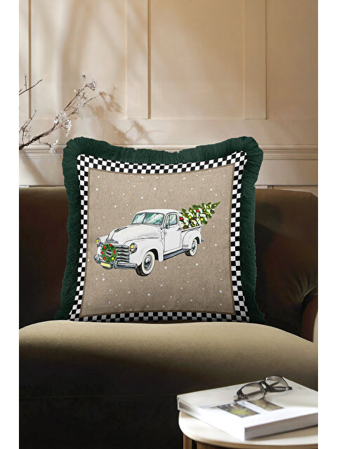 Milbay Grup Vintage Kamyonlu Saçaklı Yastık Kılıfı - Klasik Kış Rustik Yeşil Püsküllü Kırlent Kılıfı