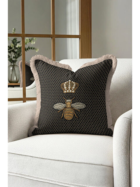 Milbay Grup Kraliyet Arı Motifli Saçaklı Yastık Kılıfı - Lüks Bohem Siyah Altın Renkli Püsküllü Kırlent Kılıfı