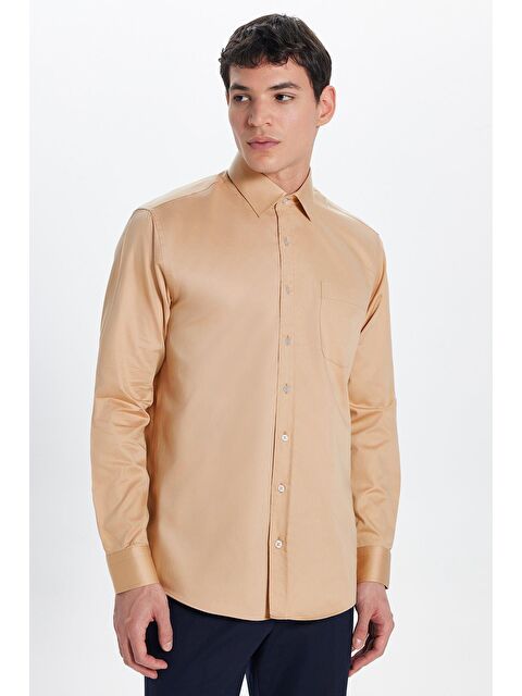 TUDORS Erkek Regular Fit Klasik Kesim %100 Pamuk Saten Tek Cepli Krem Gömlek - S000342164-19966