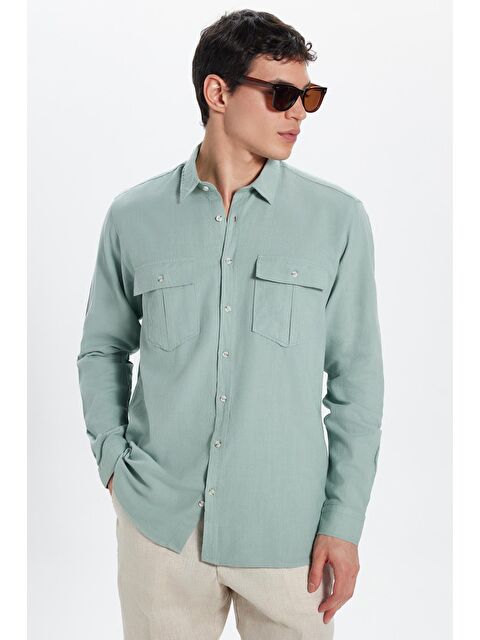 TUDORS Erkek Regular Fit Klasik Kesim %100 Pamuk Keten Doku Çift Cep Yeşil Gömlek